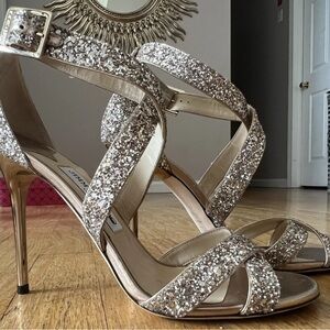 Jimmy Choo Lottie Gold Elegant Glitter Strappy Heels size 40